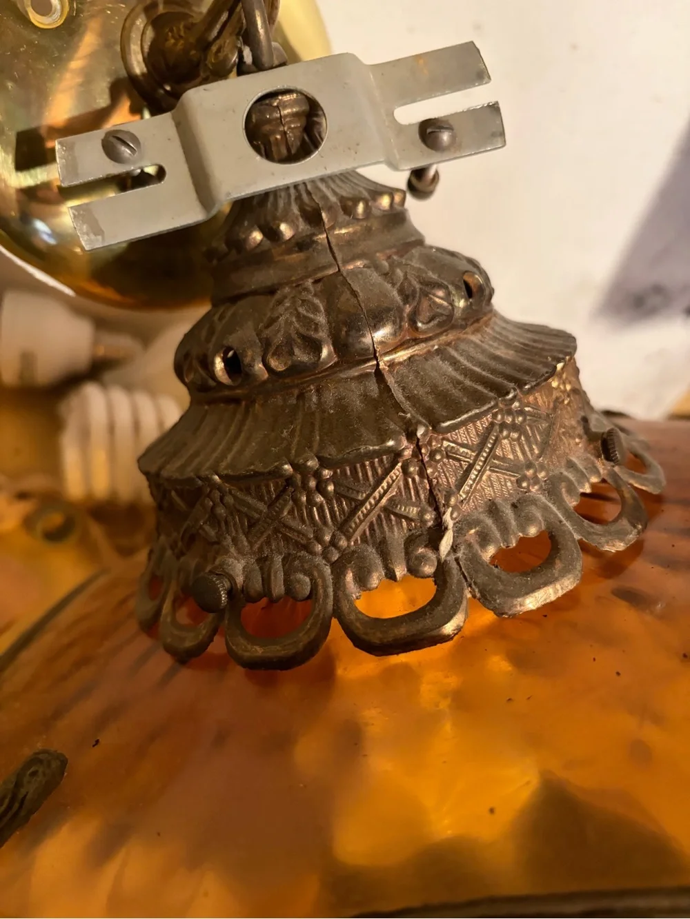 Amber Glass Table Lamp with Ornate Metal Filigree - Amber
